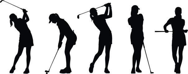 Golf silhouette collection, swing motion, putting stance, follow-through pose, relaxed golfer, sports action, black figure, golfing technique, athletic posture, minimalist design, vector art