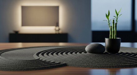 Zen Garden with Bamboo Plant in Modern Home Interior perfect for Wellness blog, home decor inspiration, spa promotions,