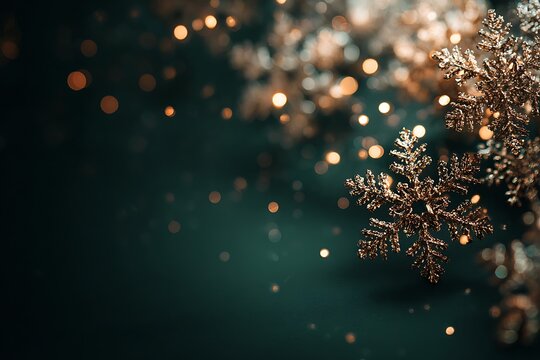 Dark emerald green background with golden snowflakes and soft glowing lights, elegant holiday atmosphere. - Powered by Adobe
