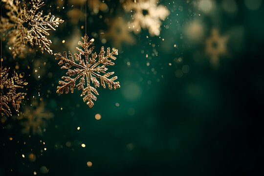 Dark emerald green background with golden snowflakes and soft glowing lights, elegant holiday atmosphere.