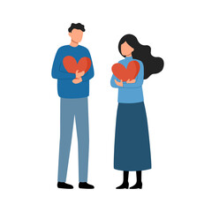 Cute couple holding hearts in flat design. Valentine day concept.