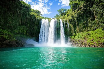Fototapeta premium Scenic tropical waterfall with powerful streams cascading into a bright turquoise pool, surrounded by vibrant green jungle foliage.