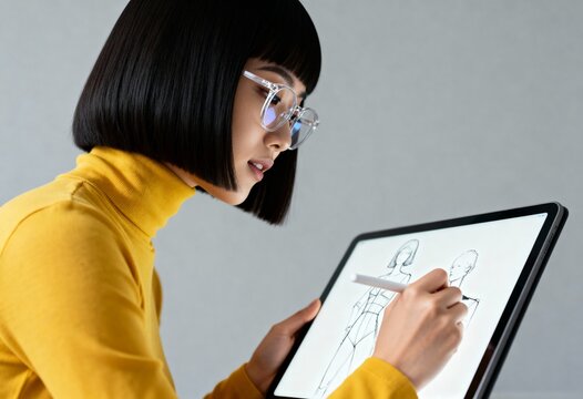 Young Asian illustrator sketching a fashion design on a graphic tablet. Creative professional woman at work in her studio