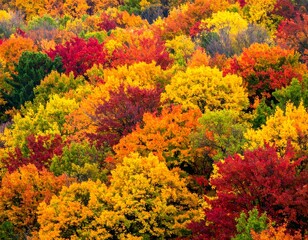 Aerial view of vibrant trees with foliage in shades of red, orange, yellow, and green