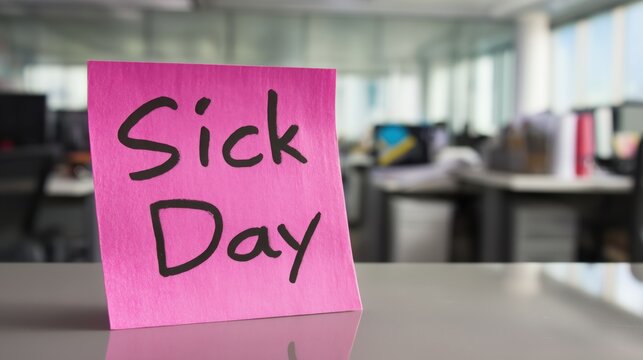 Pink sticky note with "Sick Day" written on it left on an office desk