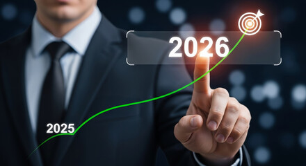 Business leader touches virtual 2026 target showing growth goals and finance progress while planning strategy and leadership for future success