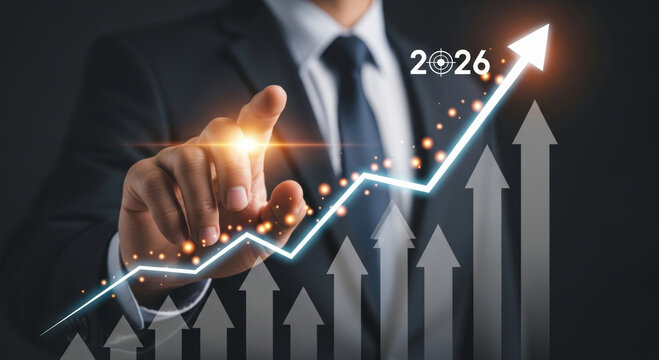 Business leadership concept showing suited executive pointing at rising chart showing goals and finance growth with glowing arrow and optimistic mood