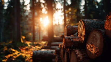 Stack of freshly cut wooden logs in a forest illuminated by warm sunset light