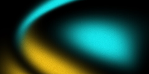 Abstract blue yellow wave motion over black background, smooth blurry gradient with grainy noise texture
