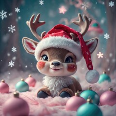 Cute Festive Cartoon Reindeer in Santa Hat with Pink Ornaments on Fluffy Snow Background 