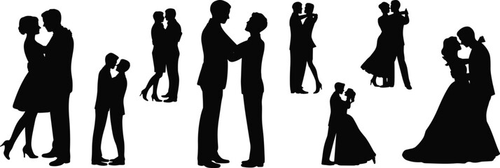 Silhouettes of dancing couples, ballroom poses, romantic moments, wedding dance, child and adult dancing, elegant movement, black figures, graceful choreography, timeless dance art