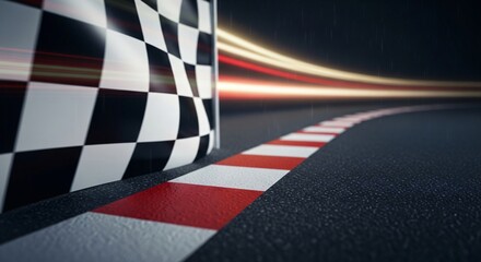 Dynamic Race Finish: Checkered Flag on Track with Speed Trails perfect for website banner, marketing campaign, sports