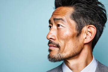 Obraz premium Portrait of a Japanese man in his thirties wearing a gray suit, seen in profile against a blue background