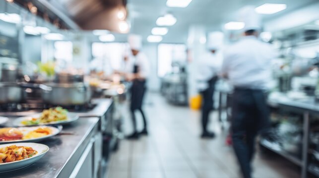 Blurred background of chefs working quickly in a brightly lit professional kitchen