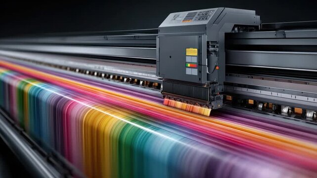 Large-format printer in action, dispensing vivid color streaks across the printing surface