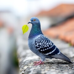 Pigeon on rooftop holding a bright green leaf in its beak, urban scene