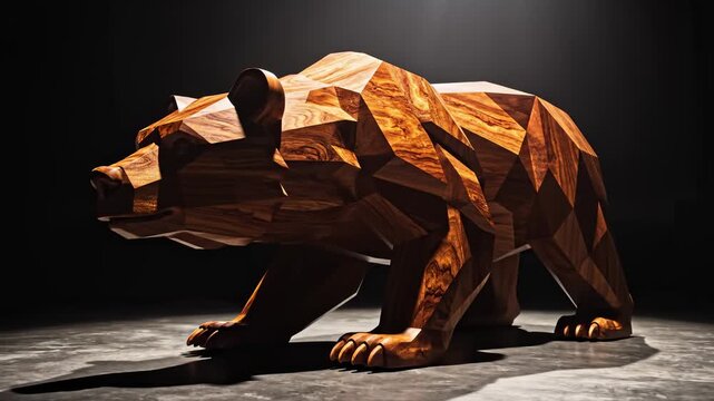 Geometric Wooden Bear Sculpture Standing on Dark Background