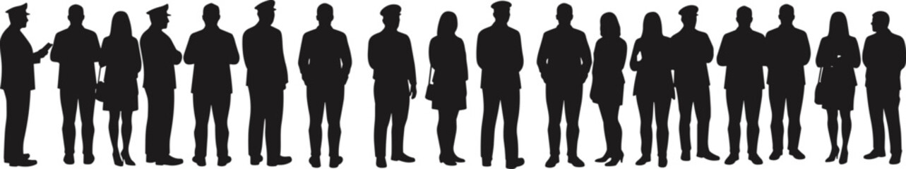 Silhouettes of diverse people, standing in line, casual and formal attire, authority figures, crowd dynamics, social interaction,