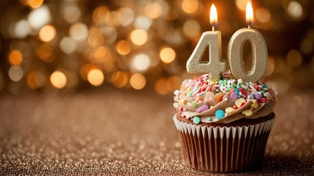 Fortieth birthday cupcake with gold number "40" candles and warm bokeh lights