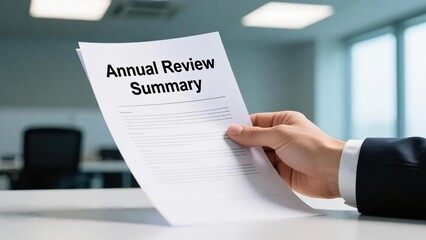 Hand Holding Paper with Annual Review Summary in Office Environment