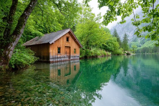 Scenic Wooden Boathouse On Lake In Green Forest Landscape With Reflections Clear Water And Mountain Backdrop