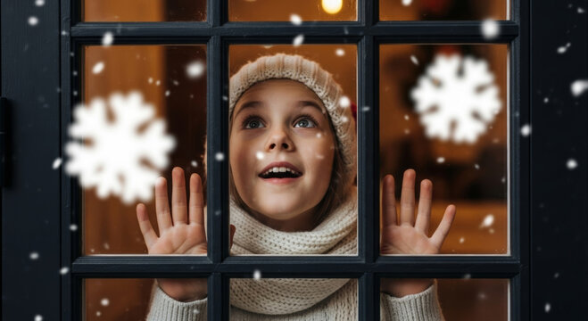 Family watching fireworks christmas new year child looking window with snowflakes and cozy scarf joyful holiday wonder