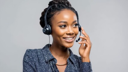 Happy African woman working as a call center agent while wearing a headset, showcasing professionalism and positivity in a friendly office environment
