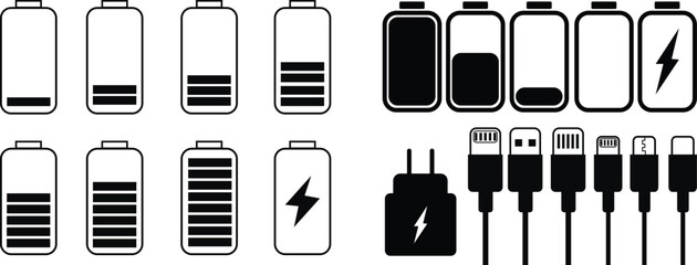 Charging battery symbol with electric cable connection silhouette vector illustration for energy and technology design projects