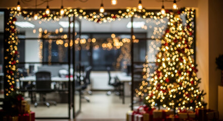 Workplace holiday decorations christmas new year office celebration blurred lights warm bokeh