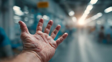 Outstretched hand in a brightly lit industrial facility
