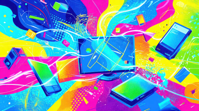 Colorful digital technology concept with computer monitor, tablet, smartphone, and laptop floating in abstract vibrant background, symbolizing innovation and creativity