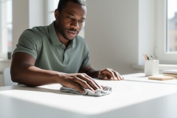 Focused black man cleaning a white desk with a cloth in a bright office. Housekeeping and hygiene concept for a tidy workspace
