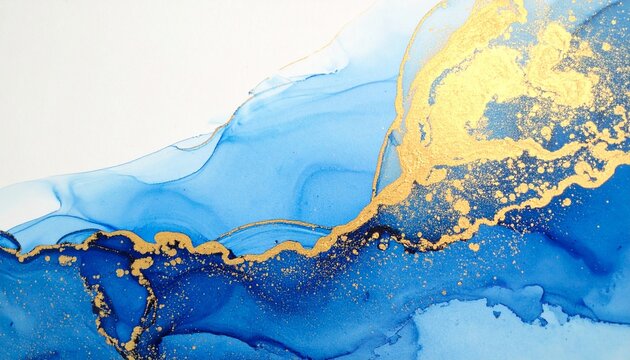 Elegant gold flows gracefully across a mesmerizing blue watercolor background, creating a luxurious, artistic composition that radiates sophistication, depth, and beauty, perfect for design, decoratio