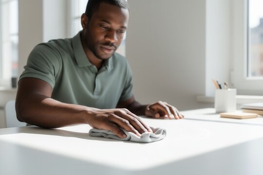 Focused black man cleaning a white desk with a cloth in a bright office. Housekeeping and hygiene concept for a tidy workspace
