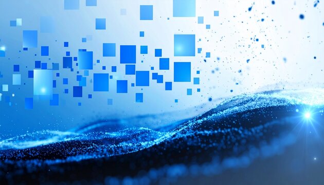 Abstract digital blue square particles background, featuring modern technology elements, innovative design, geometric patterns, futuristic visuals, data representation, business applications, finance - Powered by Adobe