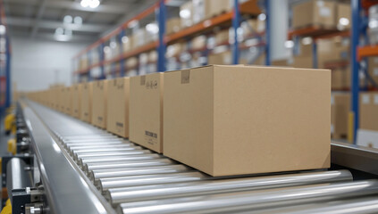 A rows of cardboard boxes moving along a roller conveyor belt in a modern warehouse, showcasing efficient automated logistics, e-commerce fulfillment, and streamlined distribution center operations