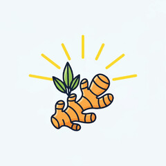 Fototapeta premium A cartoon ginger root with green leaves and yellow rays