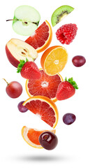 dynamic arrangement of diverse falling fresh fruits including citrus, apple, kiwi, and berries isolated on a crisp transparent background photograph.