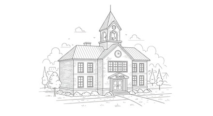 Fototapeta premium Illustration of a school building in front of mountains with education icons.