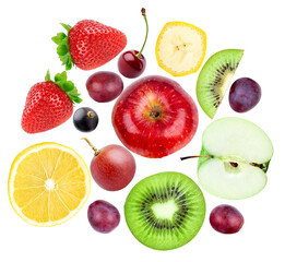 large colorful medley of various whole and sliced fresh fruits, including apple, kiwi, banana, lemon, and berries, isolated on transparent background photograph.