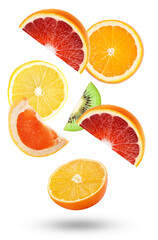 fresh falling fruit slices including orange, lemon, grapefruit, and kiwi, isolated on a clean transparent background, captured in high detail.