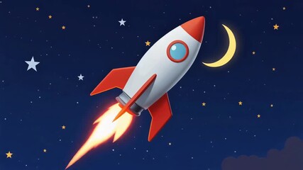 A vibrant illustration of a cartoon rocket soaring through a starry night sky towards the crescent moon, symbolizing dreams, ambition, and the exciting journey into the future
