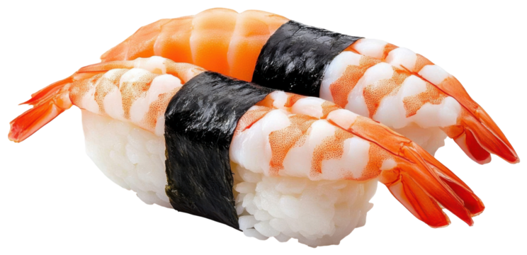 Shrimp nigiri sushi isolated on white background, PNG transparent clipart.