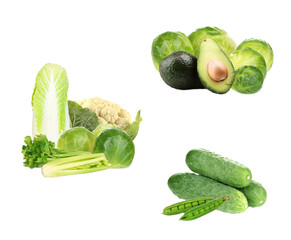 groups of fresh green produce, including avocado, cucumber, peas, cauliflower, and various cabbages, isolated on a dark background for healthy lifestyle visuals.