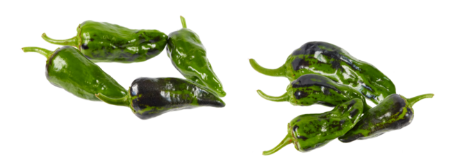 two distinct groups of fresh pimientos de padr?n, or spanish padron peppers, featuring dark green skin, isolated on a pure transparent background.