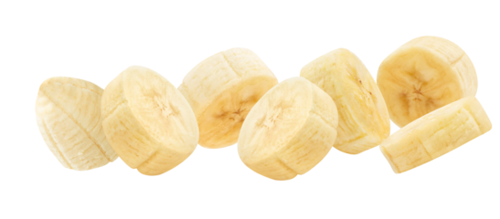 multiple freshly cut, peeled banana slices floating dynamically in a horizontal line, isolated against a pure transparent background, suitable for advertisements.
