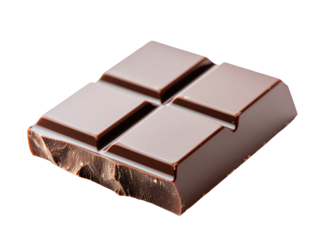 A Segment of Dark Chocolate Candy Bar with Four Squares Isolated on a Black Background Under Soft Studio Lighting
