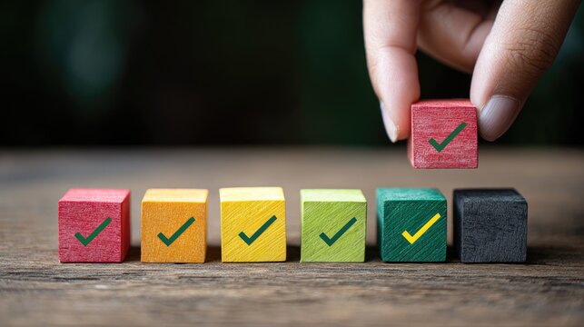 Hand places a red cube with a checkmark atop others
