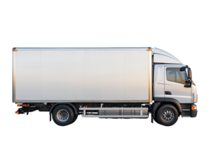 Untitled design - A white commercial deliverh exterior panels and clear door lines, realistic wheels and shadow contour, straight and centered composition, isolated on a transparent PNG background.