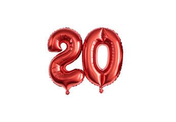 Metallic red balloons shaped as number 20, shiny rose gold finish, celebration decor, isolated on a transparent background